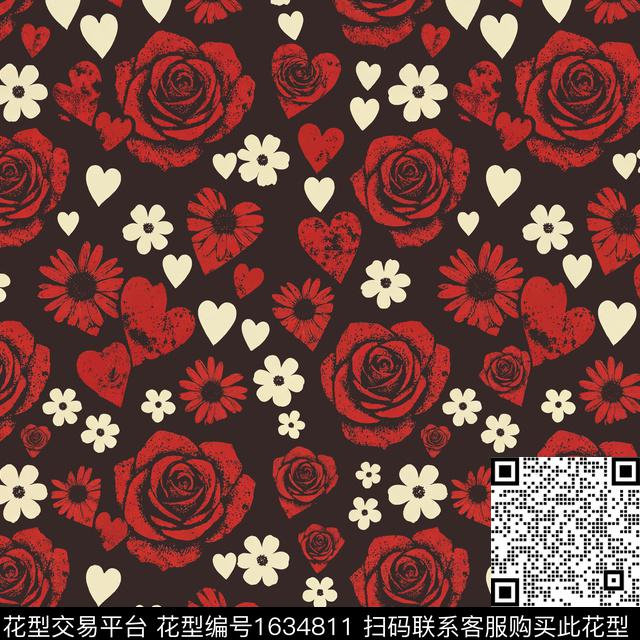 爱心花卉黑底花卉数码印花华亿平台下载（图片编号: 1634811） - 瓦栏（Walan）