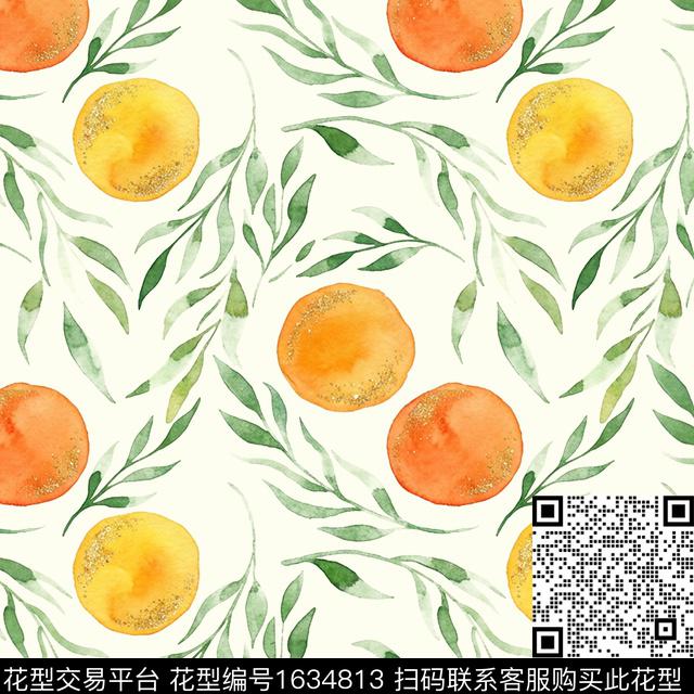 水彩叶子橙子数码印花华亿平台下载（图片编号: 1634813） - 瓦栏（Walan）