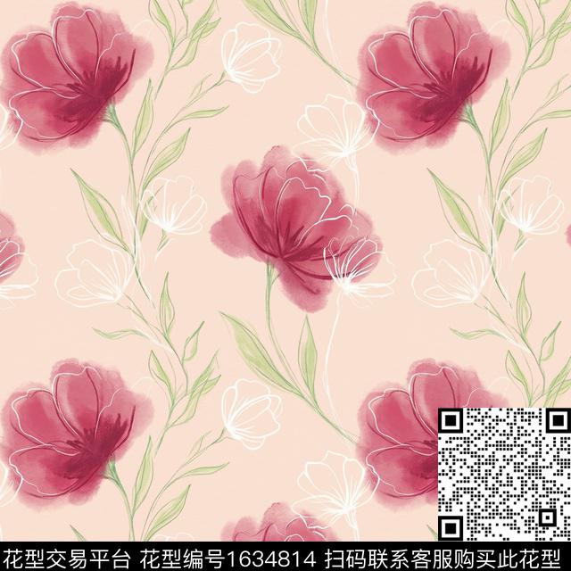 花卉水彩花卉线条花卉数码印花华亿平台下载（图片编号: 1634814） - 瓦栏（Walan）