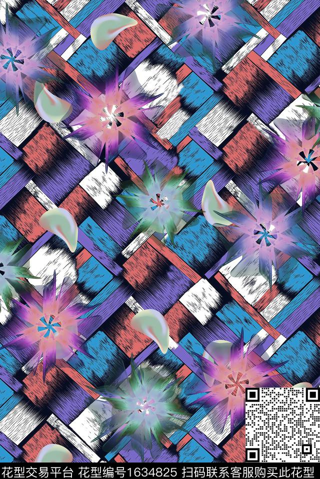 抽象花卉休闲格子数码印花华亿平台下载（图片编号: 1634825） - 瓦栏（Walan）