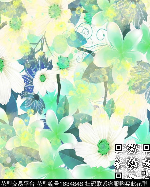 中国风休闲水彩花卉数码印花华亿平台下载（图片编号: 1634848） - 瓦栏（Walan）