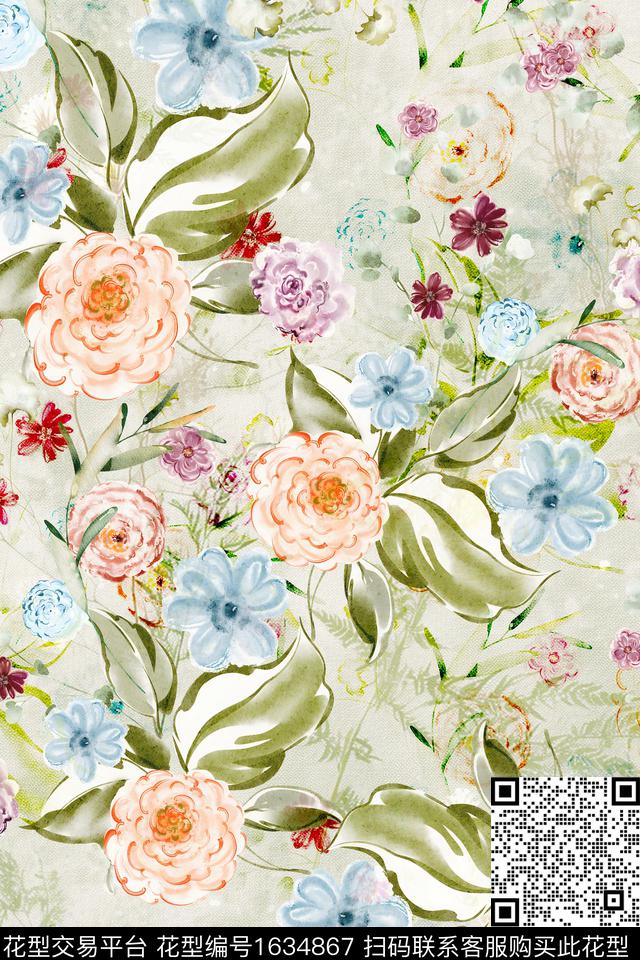 花卉水彩花卉手绘花卉数码印花华亿平台下载（图片编号: 1634867） - 瓦栏（Walan）