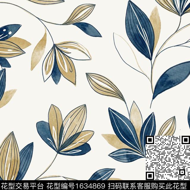 水彩叶子线条画数码印花华亿平台下载（图片编号: 1634869） - 瓦栏（Walan）