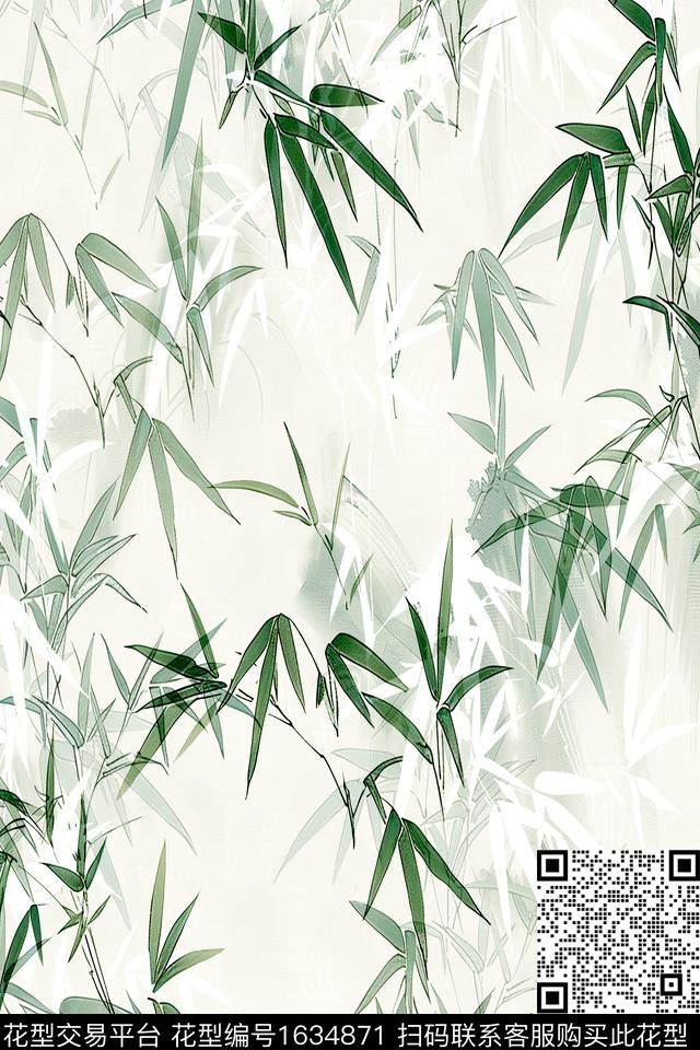 中国风竹叶剪影数码印花华亿平台下载（图片编号: 1634871） - 瓦栏（Walan）