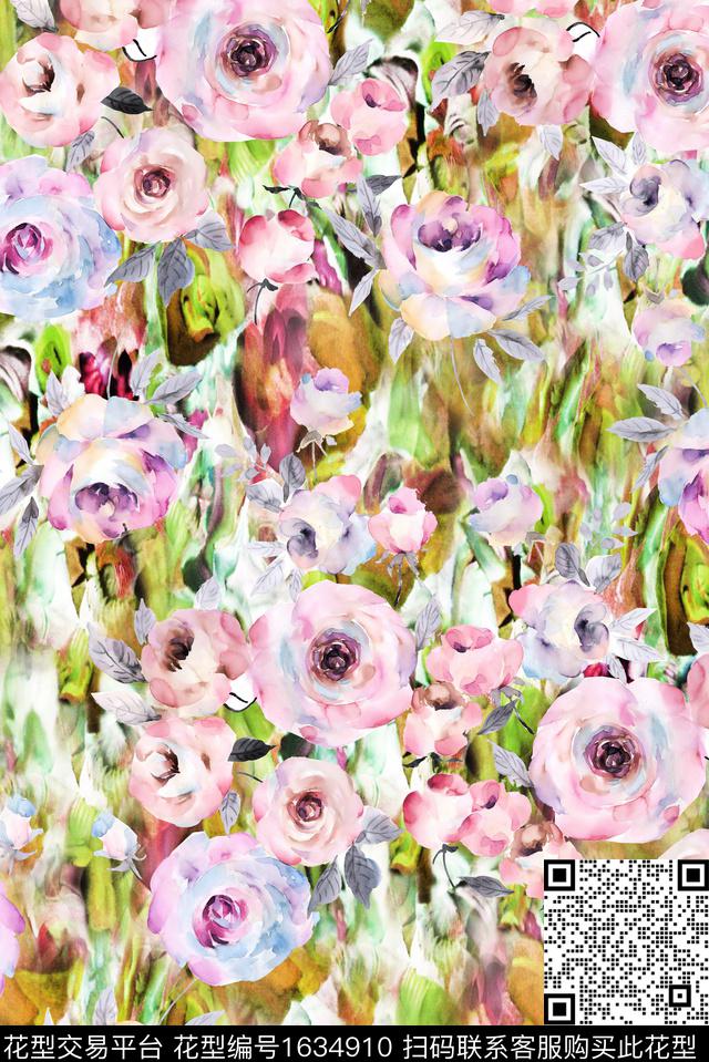 晕染肌理花卉水彩花卉数码印花华亿平台下载（图片编号: 1634910） - 瓦栏（Walan）
