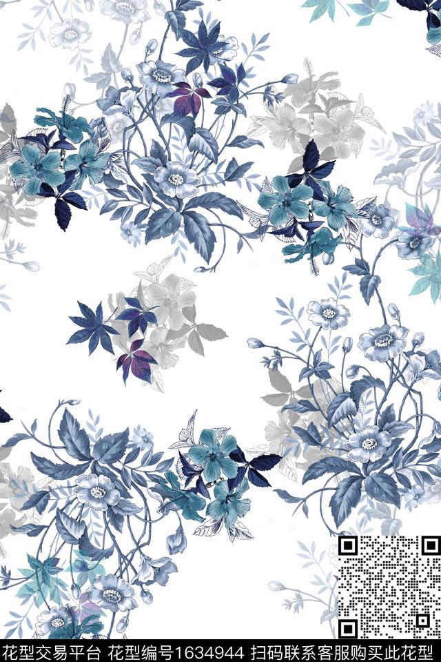花卉影花白底花数码印花华亿平台下载（图片编号: 1634944） - 瓦栏（Walan）