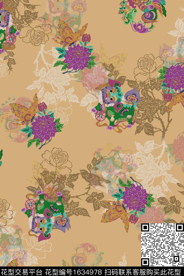 古典花纹剪影线条花卉数码印花华亿平台下载（图片编号: 1634978） - 瓦栏（Walan）