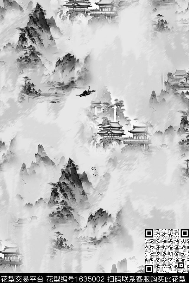 中国风山水水墨风数码印花华亿平台下载（图片编号: 1635002） - 瓦栏（Walan）