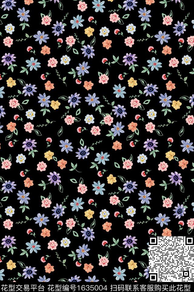 花卉黑底花卉小碎花数码印花华亿平台下载（图片编号: 1635004） - 瓦栏（Walan）