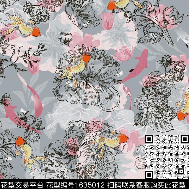花卉线条花卉鱼数码印花华亿平台下载（图片编号: 1635012） - 瓦栏（Walan）