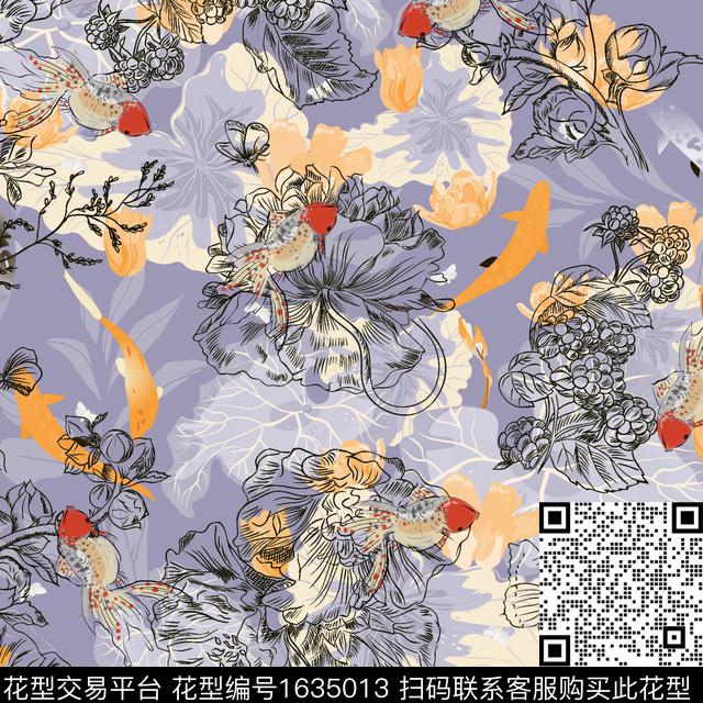 荷花线条花卉鱼数码印花华亿平台下载（图片编号: 1635013） - 瓦栏（Walan）