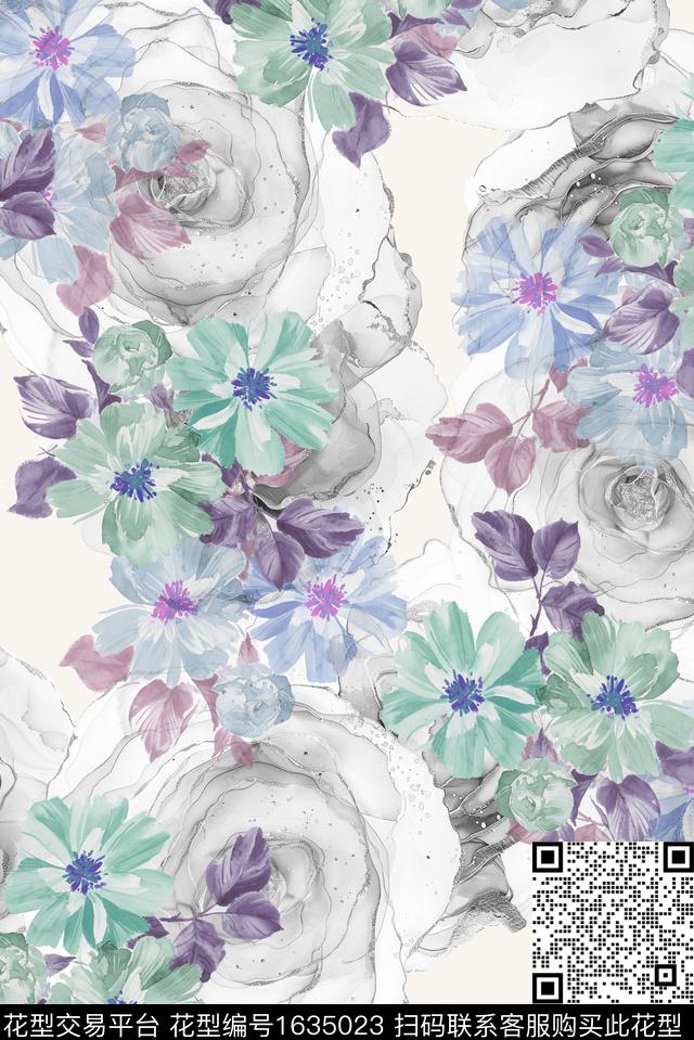 花卉水彩花卉大花底纹数码印花华亿平台下载（图片编号: 1635023） - 瓦栏（Walan）