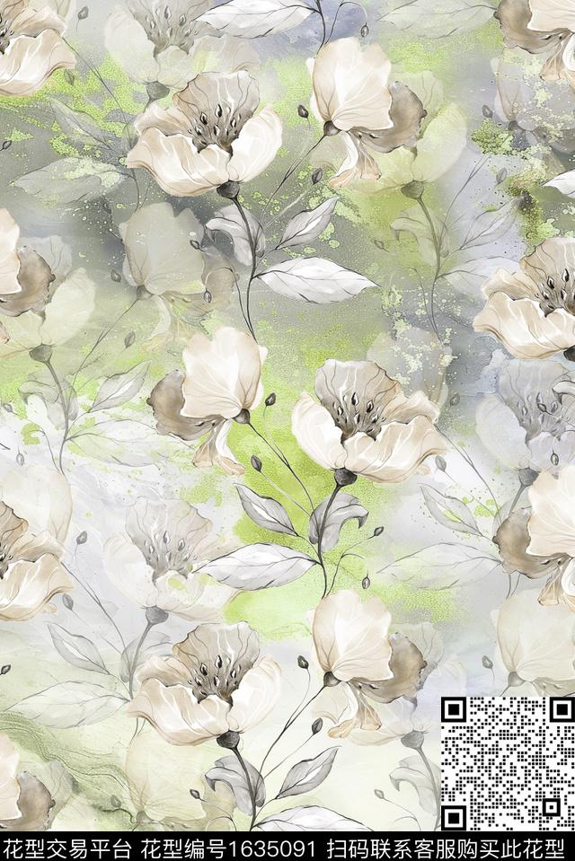 晕染肌理水彩花卉休闲风数码印花华亿平台下载（图片编号: 1635091） - 瓦栏（Walan）