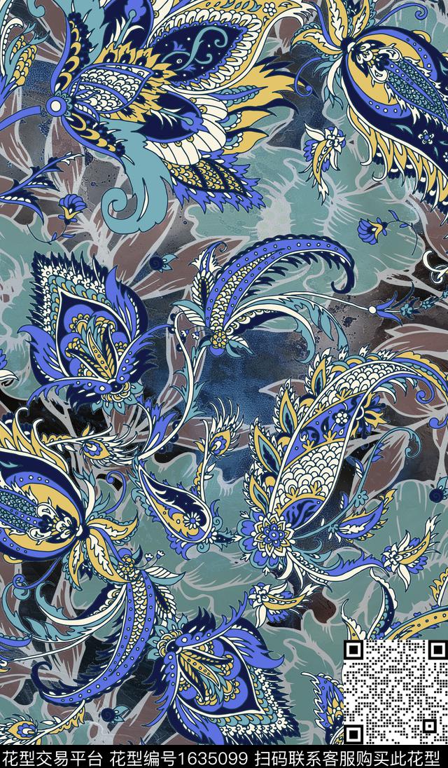 晕染肌理古典花纹民族风数码印花华亿平台下载（图片编号: 1635099） - 瓦栏（Walan）