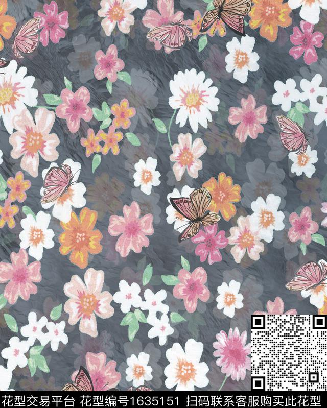 晕染肌理小碎花花卉蝴蝶数码印花华亿平台下载（图片编号: 1635151） - 瓦栏（Walan）