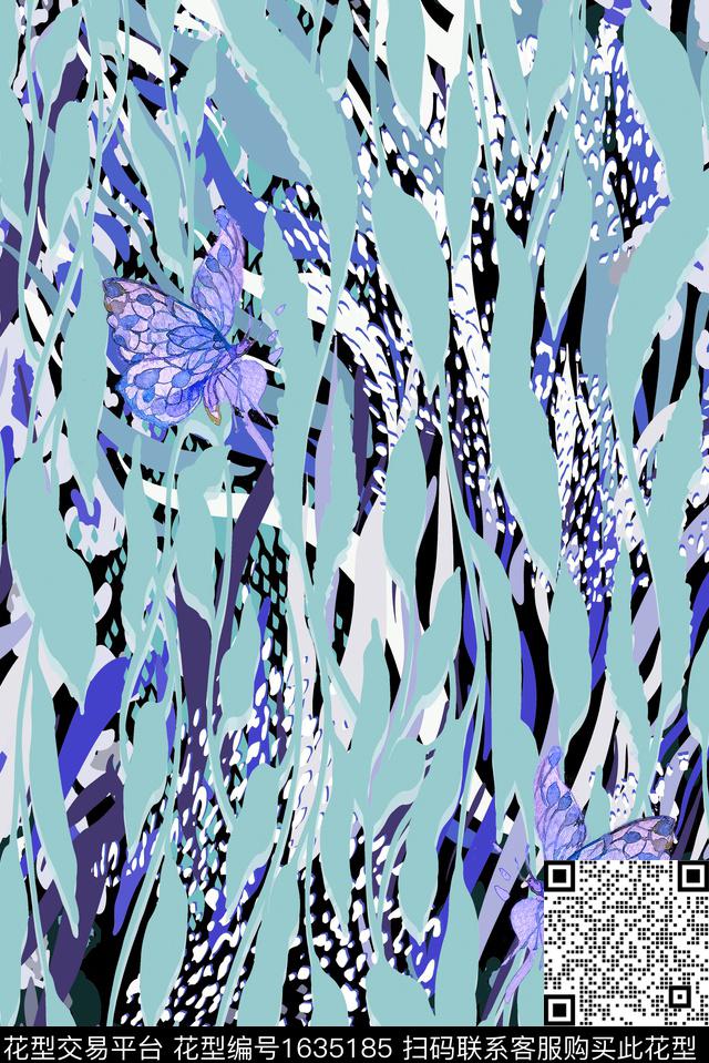 豹纹花卉蝴蝶绿植树叶数码印花华亿平台下载（图片编号: 1635185） - 瓦栏（Walan）