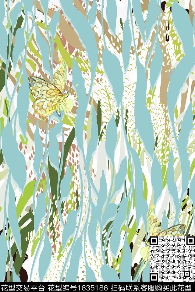 豹纹花卉蝴蝶绿植树叶数码印花华亿平台下载（图片编号: 1635186） - 瓦栏（Walan）