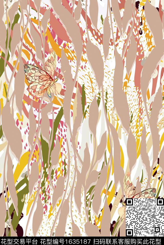 豹纹蝴蝶绿植树叶数码印花华亿平台下载（图片编号: 1635187） - 瓦栏（Walan）