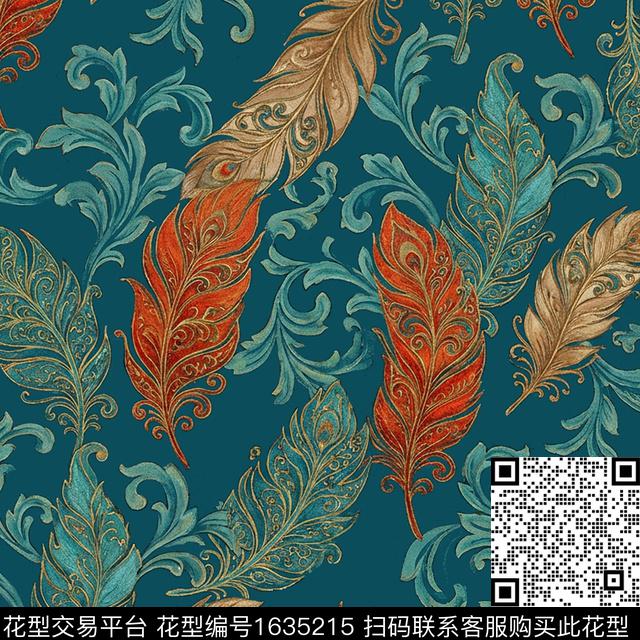 民族风卷草羽毛数码印花华亿平台下载（图片编号: 1635215） - 瓦栏（Walan）