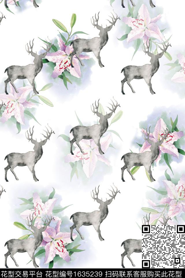 百合水彩鹿数码印花华亿平台下载（图片编号: 1635239） - 瓦栏（Walan）