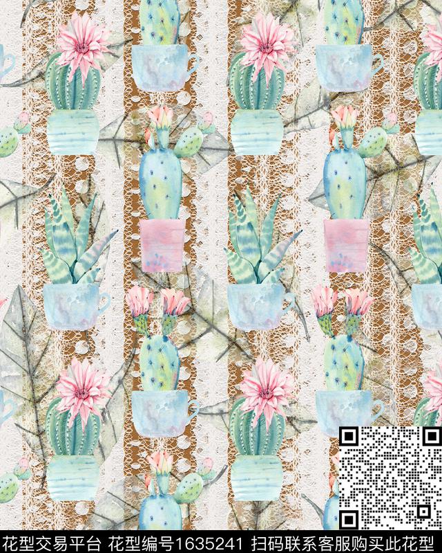 网布蕾丝水彩仙人掌数码印花华亿平台下载（图片编号: 1635241） - 瓦栏（Walan）