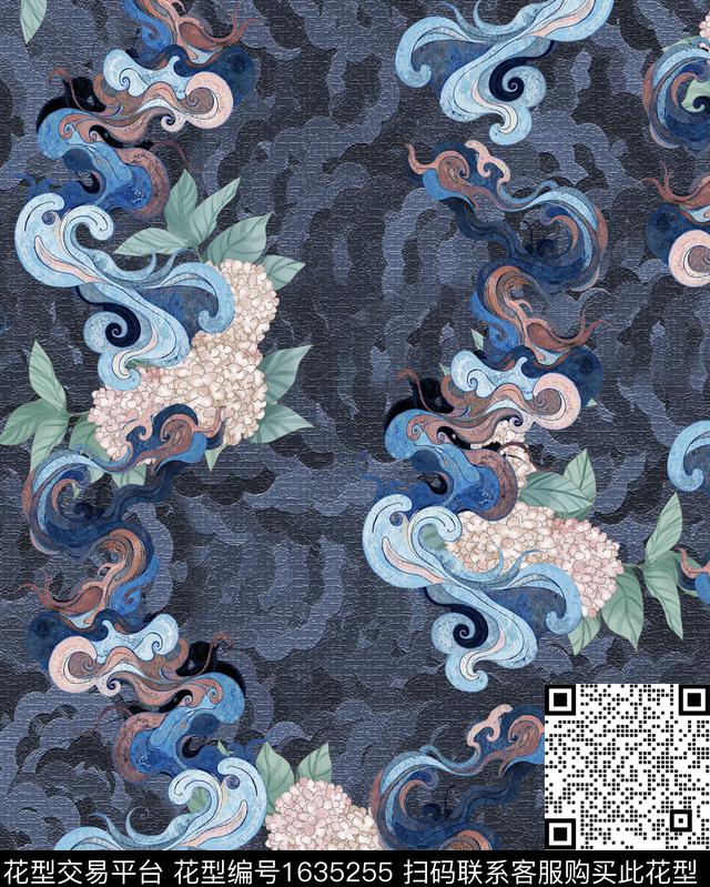 古典花纹绣球花水彩花卉数码印花华亿平台下载（图片编号: 1635255） - 瓦栏（Walan）