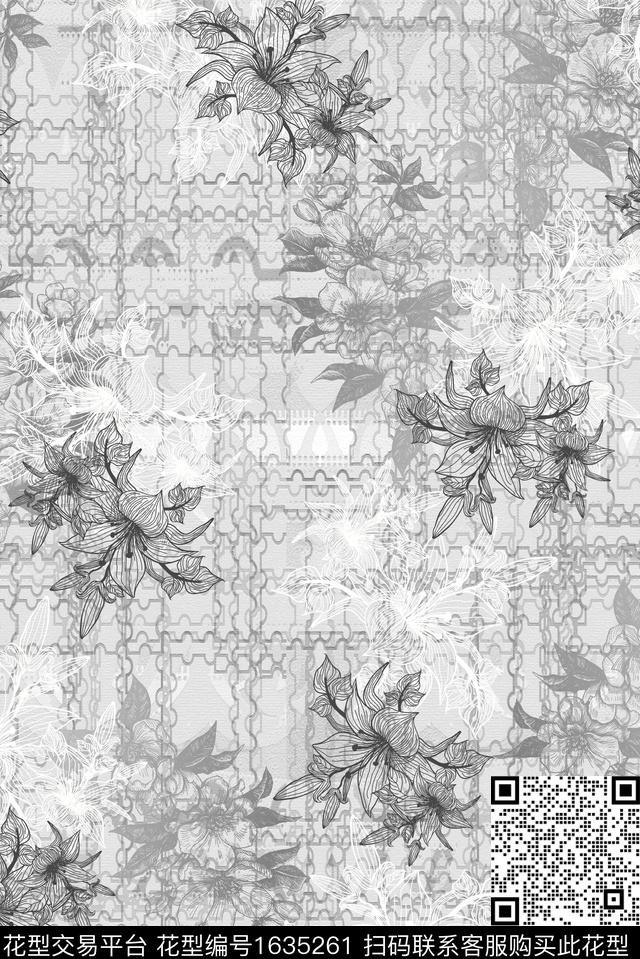 彩色几何肌理玉兰花数码印花华亿平台下载（图片编号: 1635261） - 瓦栏（Walan）