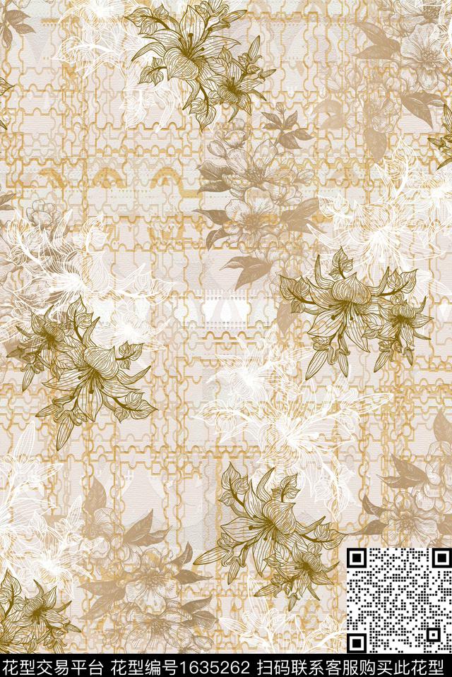 几何拼图花卉数码印花华亿平台下载（图片编号: 1635262） - 瓦栏（Walan）