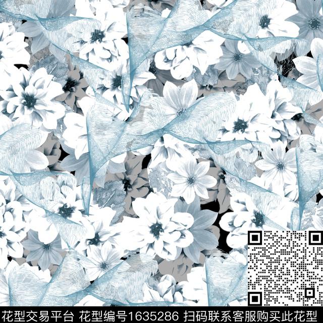 清爽底花卉线条抽象花卉数码印花华亿平台下载（图片编号: 1635286） - 瓦栏（Walan）