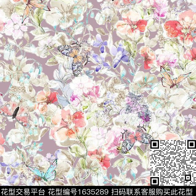 抽象花卉水彩花卉花卉蝴蝶数码印花华亿平台下载（图片编号: 1635289） - 瓦栏（Walan）