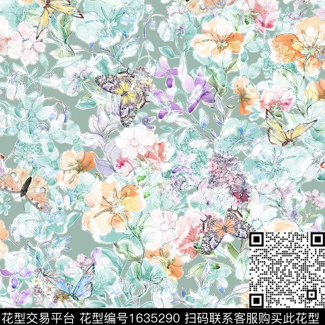 花卉水彩花卉蝴蝶数码印花华亿平台下载（图片编号: 1635290） - 瓦栏（Walan）
