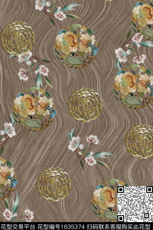 中国风刺绣花卉数码印花华亿平台下载（图片编号: 1635374） - 瓦栏（Walan）