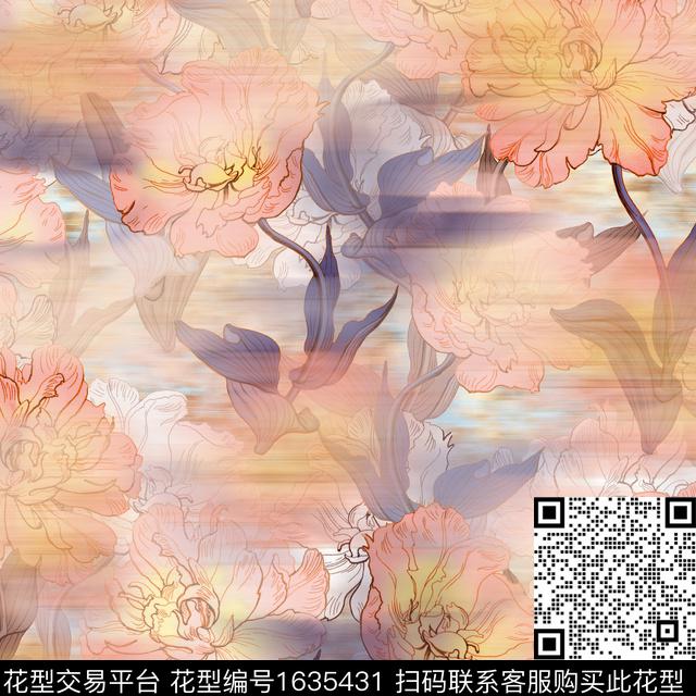 花卉线条花卉模糊数码印花华亿平台下载（图片编号: 1635431） - 瓦栏（Walan）