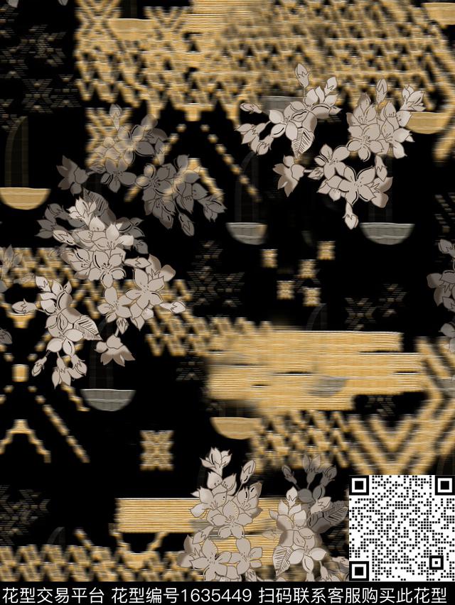 花卉影花民族纹样数码印花华亿平台下载（图片编号: 1635449） - 瓦栏（Walan）