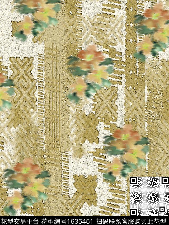 花卉民族纹样模糊花卉数码印花华亿平台下载（图片编号: 1635451） - 瓦栏（Walan）