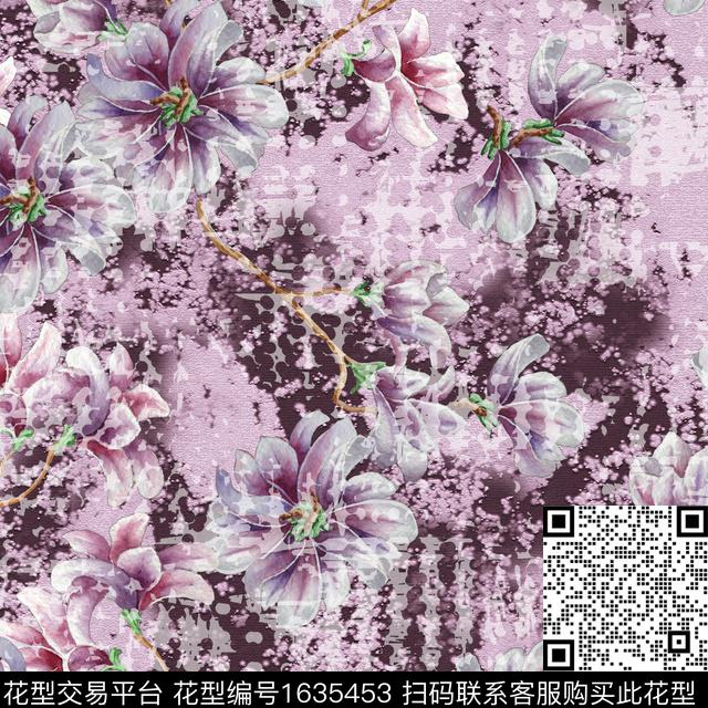 中国风晕染肌理水彩花卉数码印花华亿平台下载（图片编号: 1635453） - 瓦栏（Walan）