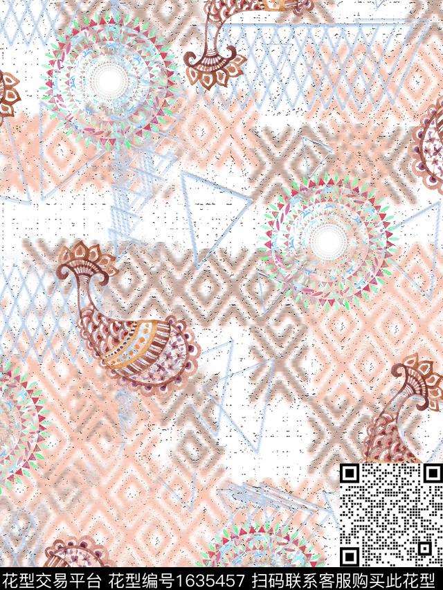 古典花纹曼陀罗格子数码印花华亿平台下载（图片编号: 1635457） - 瓦栏（Walan）