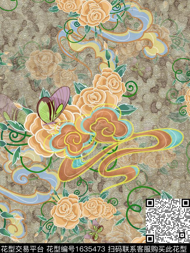 中国风祥云花卉数码印花华亿平台下载（图片编号: 1635473） - 瓦栏（Walan）