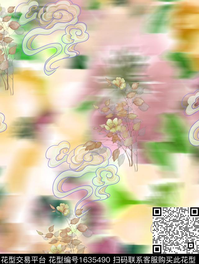 花卉祥云模糊花卉数码印花华亿平台下载（图片编号: 1635490） - 瓦栏（Walan）