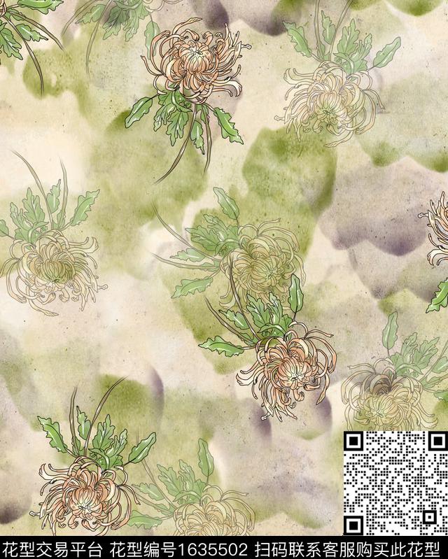 晕染肌理菊花水彩花卉数码印花华亿平台下载（图片编号: 1635502） - 瓦栏（Walan）