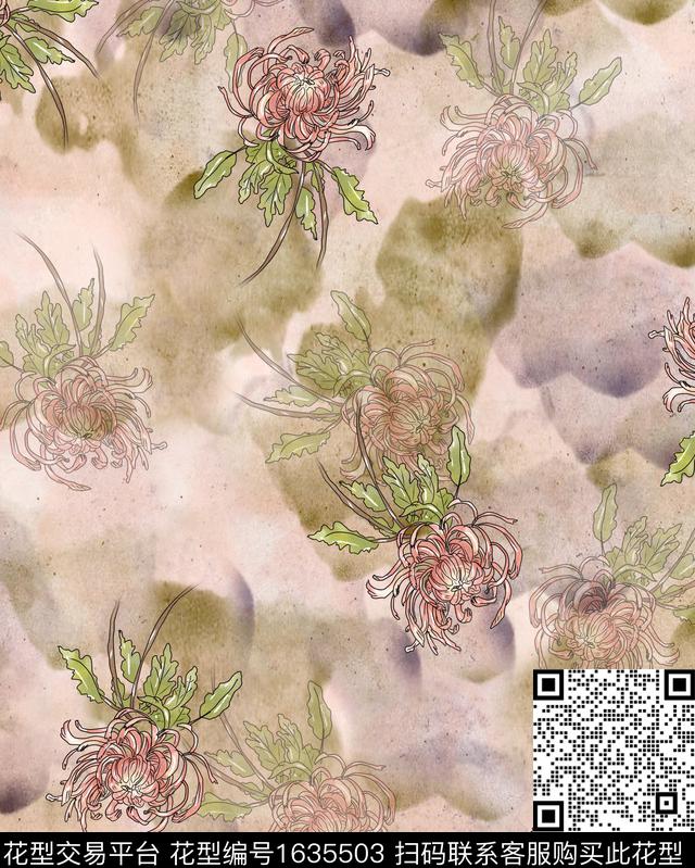 花卉影花晕染数码印花华亿平台下载（图片编号: 1635503） - 瓦栏（Walan）
