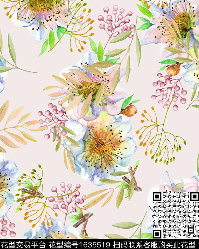 花卉水彩花卉绿植树叶数码印花华亿平台下载（图片编号: 1635519） - 瓦栏（Walan）