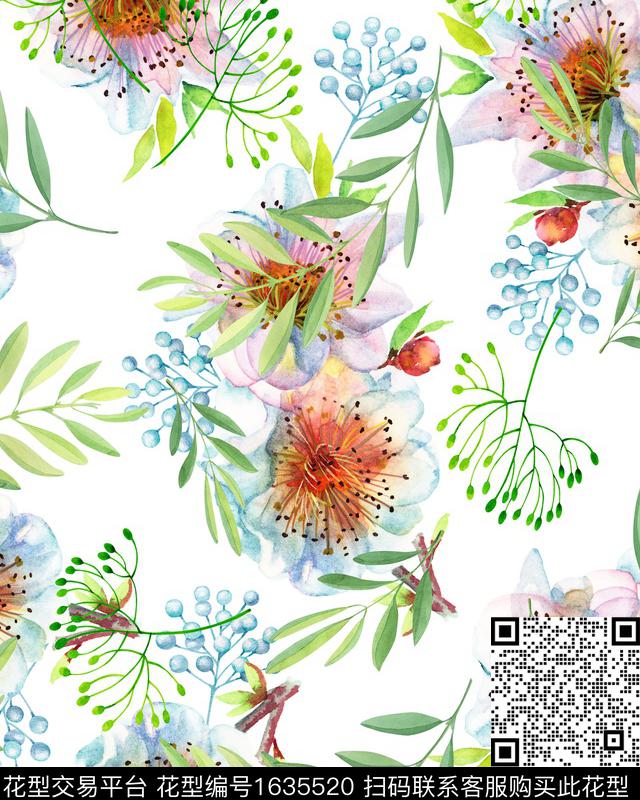 水彩花卉月季花绿植树叶数码印花华亿平台下载（图片编号: 1635520） - 瓦栏（Walan）