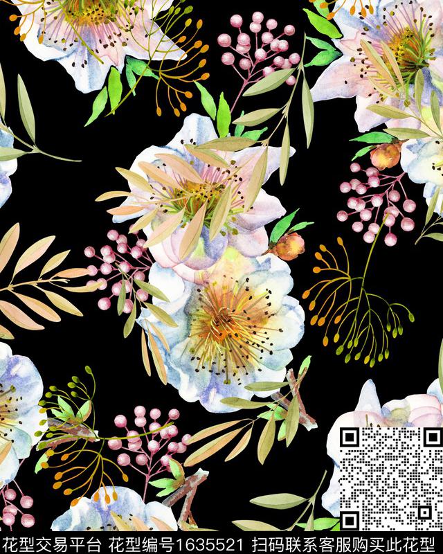 水彩花卉月季花绿植树叶数码印花华亿平台下载（图片编号: 1635521） - 瓦栏（Walan）