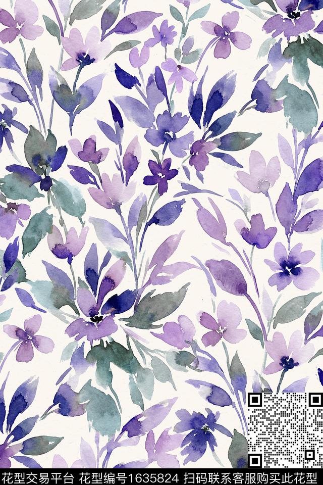 花卉水彩花卉跳接数码印花华亿平台下载（图片编号: 1635824） - 瓦栏（Walan）