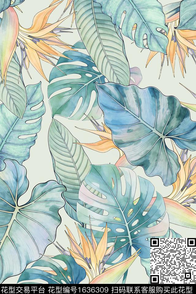 植物水彩龟背竹数码印花华亿平台下载（图片编号: 1636309） - 瓦栏（Walan）