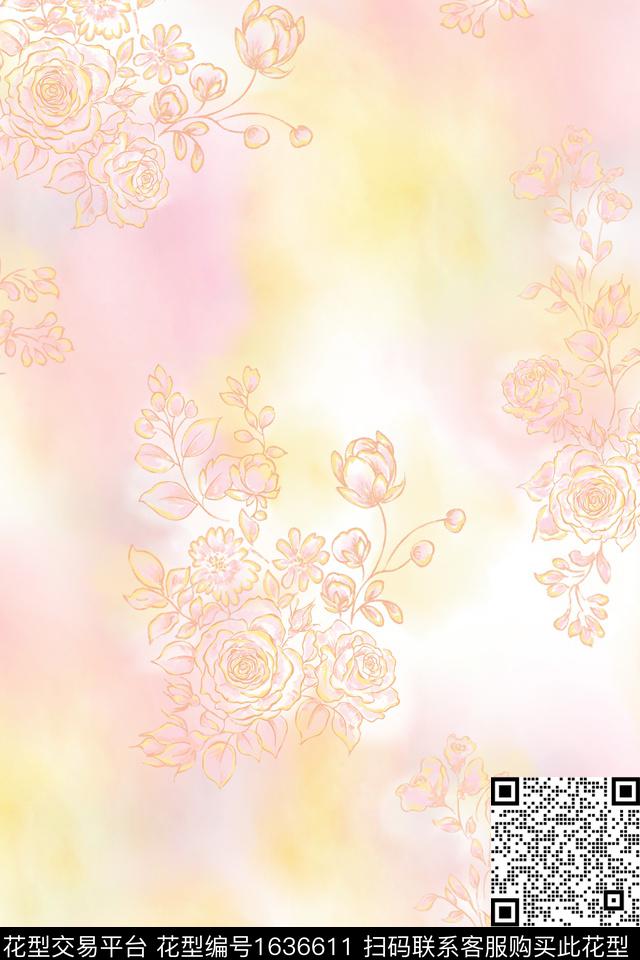 花卉手绘花卉抽象数码印花华亿平台下载（图片编号: 1636611） - 瓦栏（Walan）