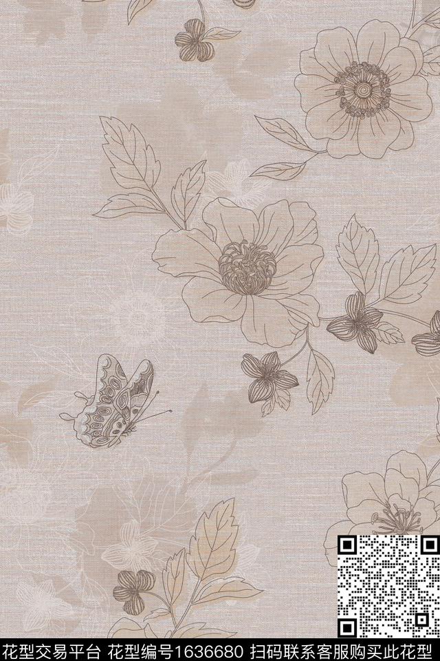 花卉抽象刺绣笔触数码印花华亿平台下载（图片编号: 1636680） - 瓦栏（Walan）