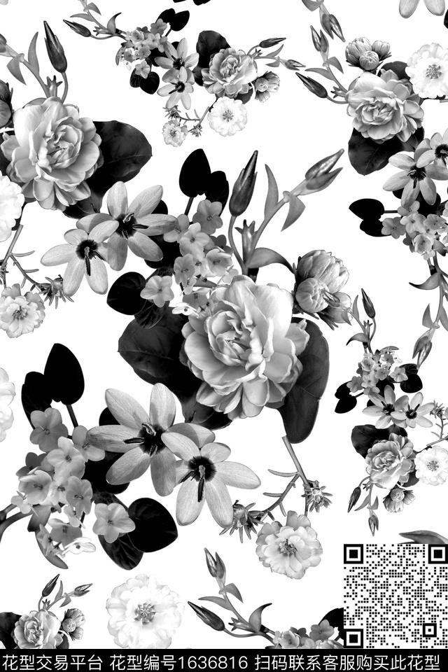 年轻女装花卉白底花卉数码印花华亿平台下载（图片编号: 1636816） - 瓦栏（Walan）
