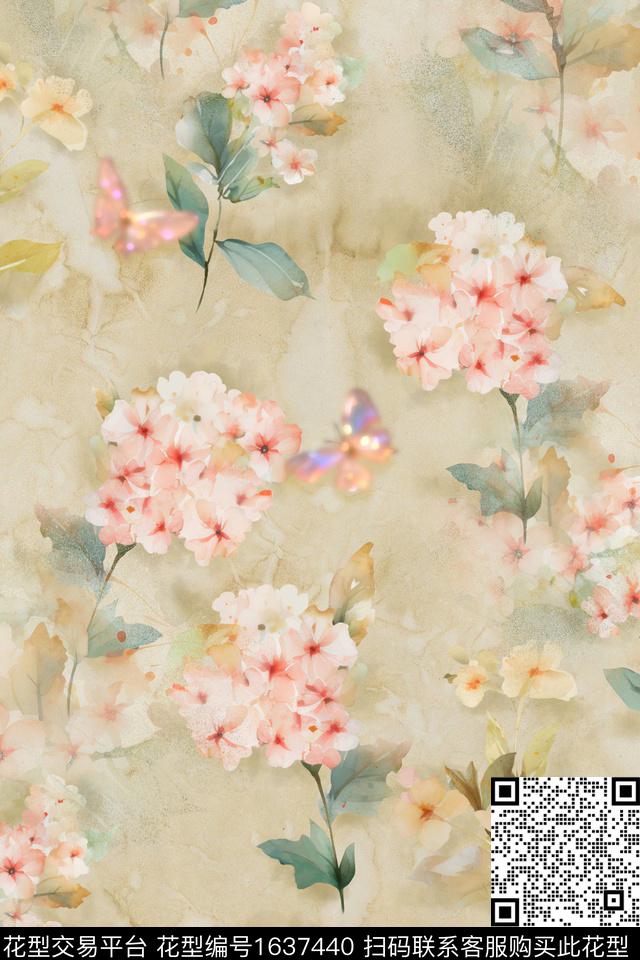 花卉蝴蝶抽象数码印花华亿平台下载（图片编号: 1637440） - 瓦栏（Walan）